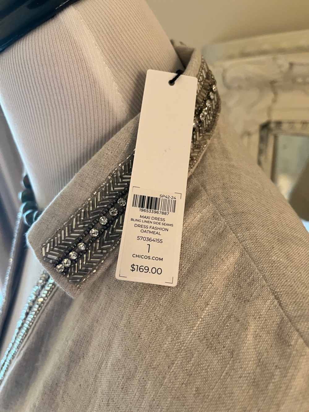 Beaded Trim Linen Tunic Dress - Neutral Beige - Picture 3 of 7